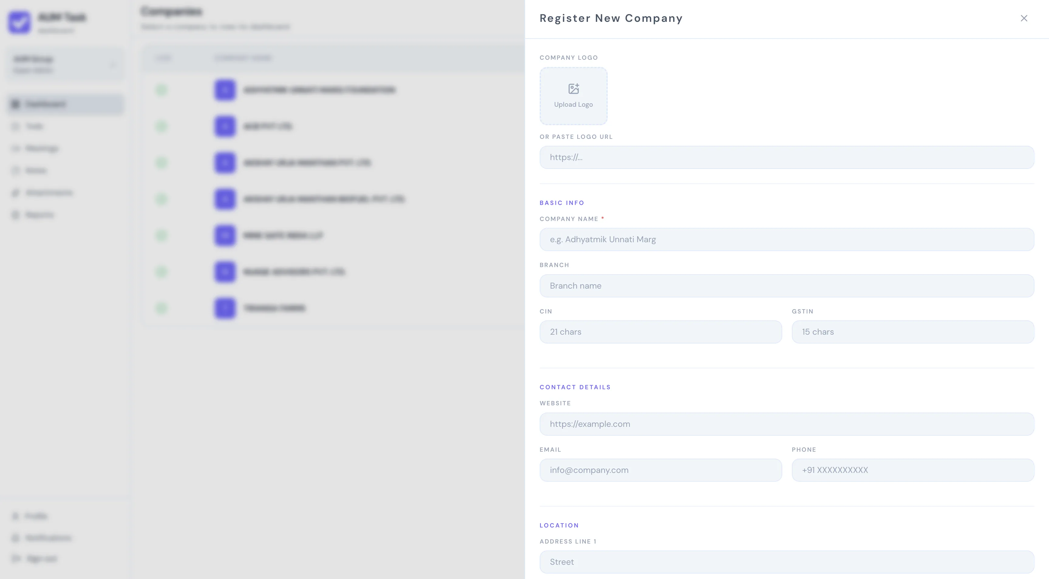 AUM Task Register New Company Form
